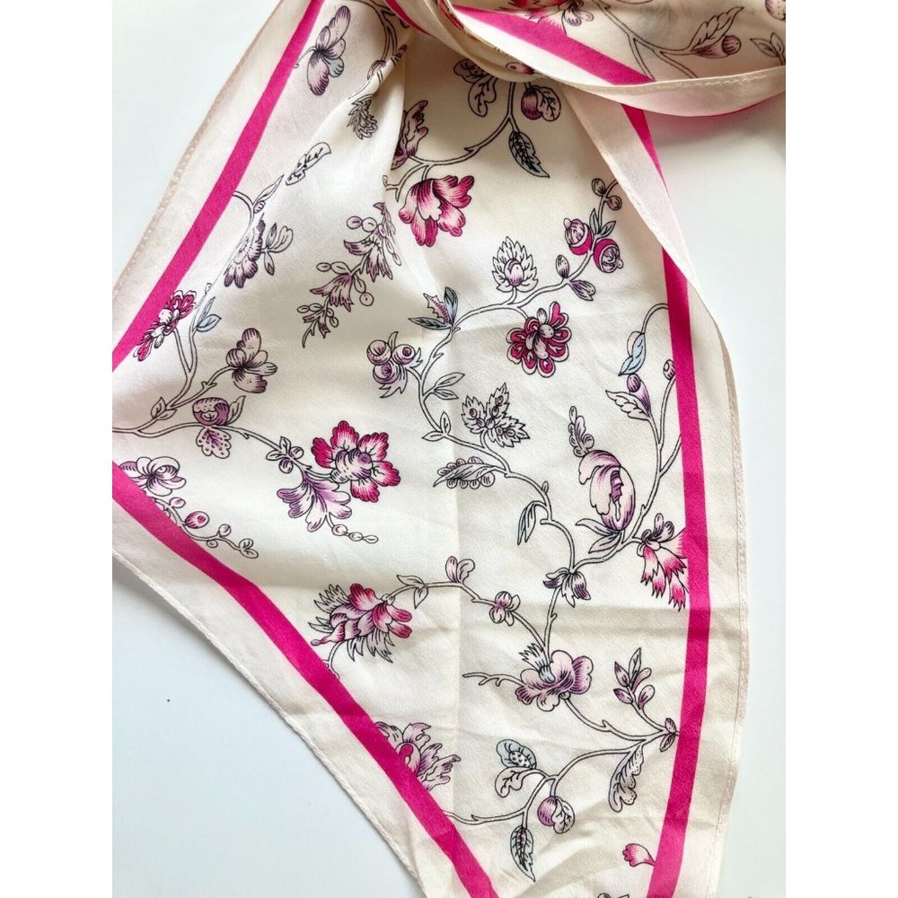 Vintage ANNE KLEIN Pink Ivory Floral Silk Crepe 68" x 8" Long Skinny Scarf - Picture 3 of 11
